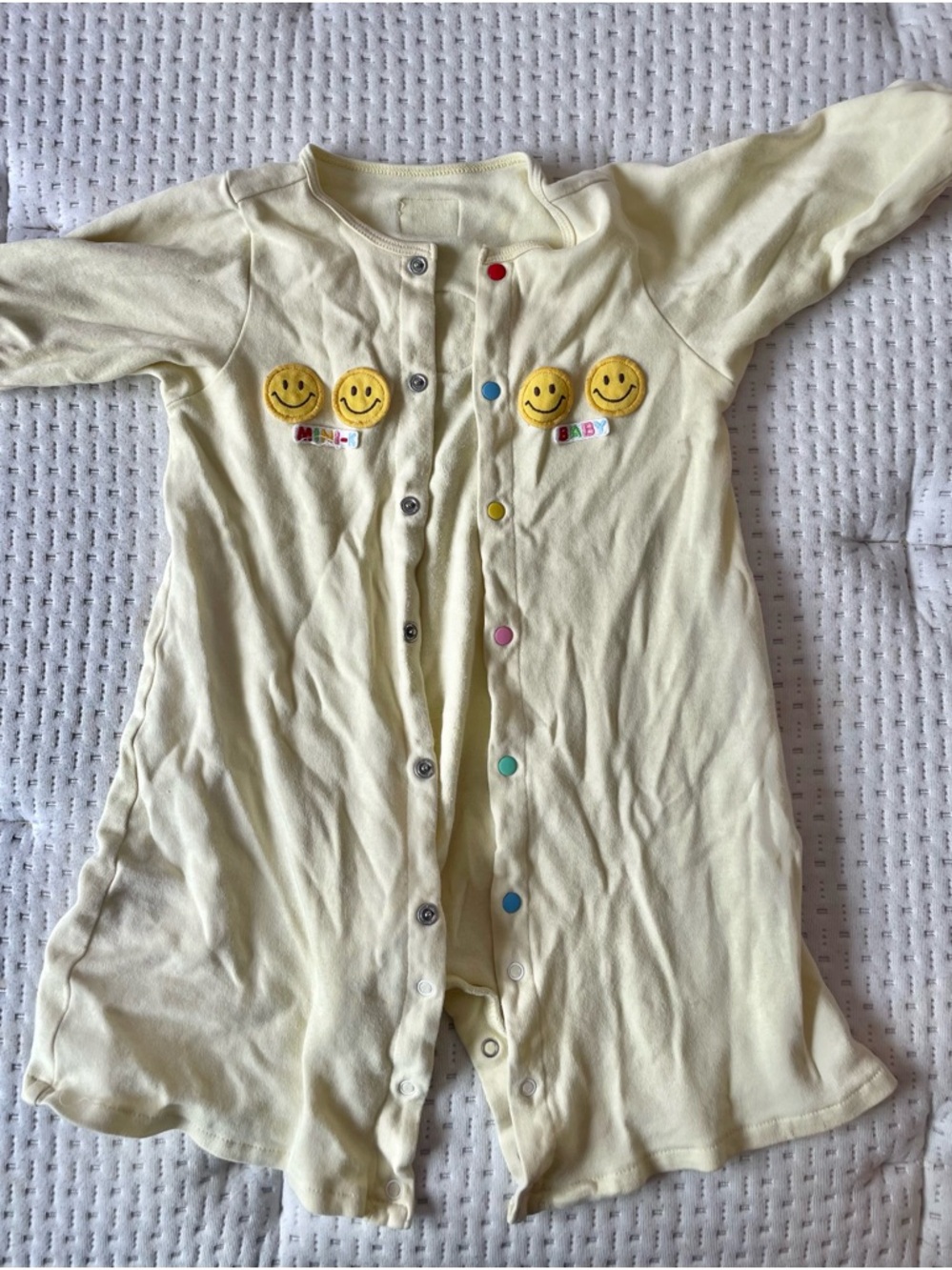 Yellow Baby Snap Romper with Smiley Face Embroidery